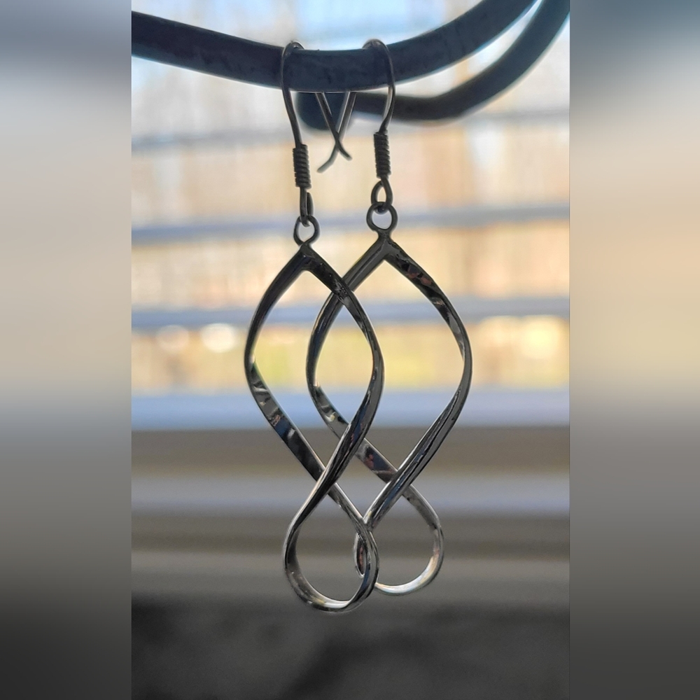 Sterling silver earrings, 2-inch, dangling, infinity, figure 8